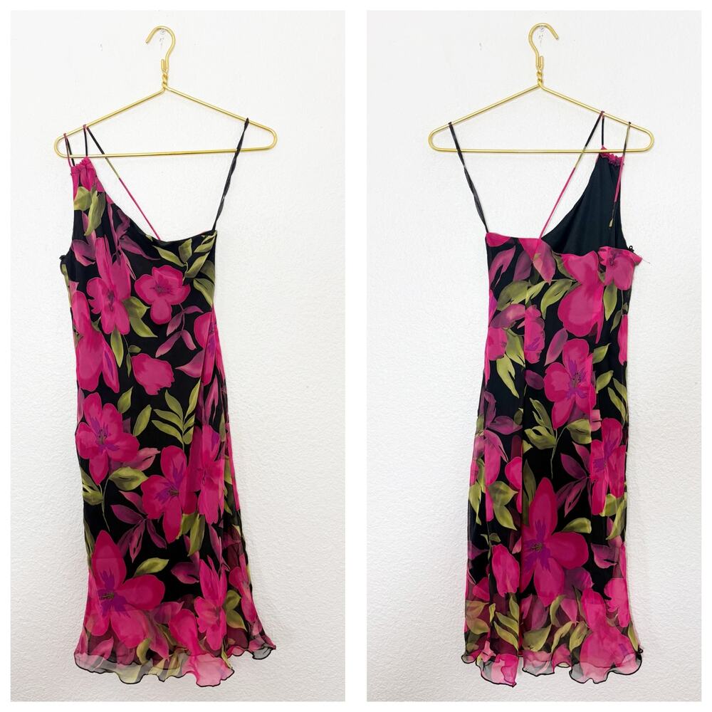Vintage Y2K Rampage Pink Floral One Shoulder Chiffon Midi Dress Fairy Whimsigoth